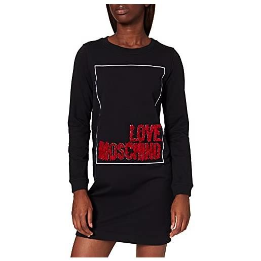 Love Moschino loose fit long sleeved dress seasonal logo box with embroidery and 3-d effect organza petals vestito casual, nero, 44 donna