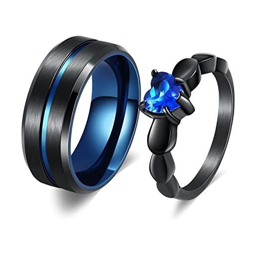 Wycian anello a forma di cuore, in titanio, bicolore, con zirconi, anello di fidanzamento, con zaffiro, colore blu, nero, 2 pezzi, anelli per partner 6 mm/8 anelli in acciaio inox nero, damen 62