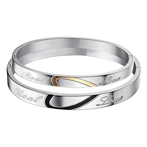 Cupimatch coppia lovers braccialetto bracciale acciaio inox puzzle cuore real love argento nero oro(1 coppia) regalo perfetto
