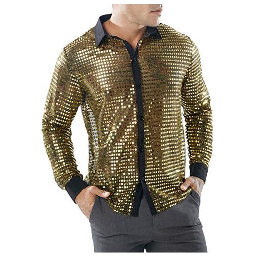 FeMereina camicia da uomo a maniche lunghe, con paillettes lucide e bottoni, da ballo, per feste oro l