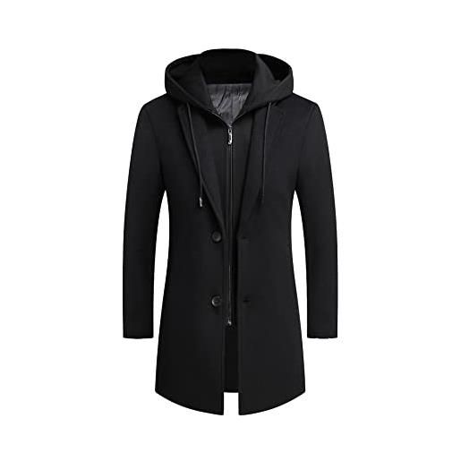 ECDAHICC cappotto da uomo in lana con cappuccio trench invernale business monopetto lana rimovibile, nero , xl