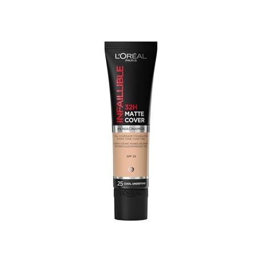 L'Oréal Paris fondotinta infaillible 32h matte cover, make-up dal finish matte copertura totale sulla pelle, 25 ivoire rosé, 30 ml