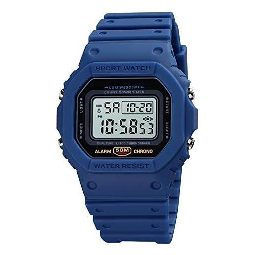 FAMKIT orologio digitale da uomo, retroilluminato, sportivo, resistente agli urti, con sveglia, cronometro, conto alla rovescia, blu, cinturino