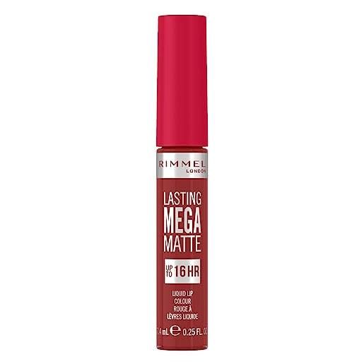 Rimmel London rossetto liquido lasting mega matte, rossetto liquido a lunga durata per labbra morbide con finish mega matte, formula vegana con squalane e olio di cocco - 500 fire starter, 7.4ml