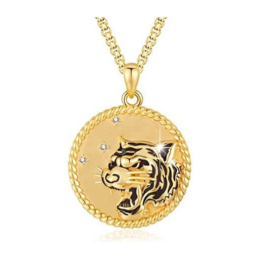 XIXLES collana con tigre, in argento sterling 925, placcata in oro 18 carati, con ciondolo a forma di tigre, con ciondolo a forma di moneta di tigre rotonda, idea regalo per uomini e donne, argento