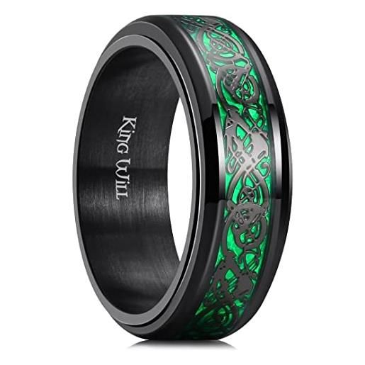 King Will anello fidget nero con drago celtico anello in acciaio inossidabile anello blu/rosso intarsio in fibra di carbonio 8 mm anello di ansia per uomini e donne, s 1/2(60.8mm), acciaio