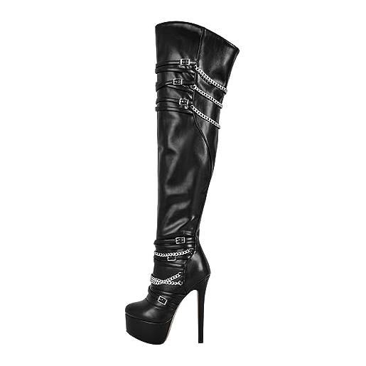 blingqueen stivali da donna sopra il ginocchio con plateau gotico stivali con catene fibbie, nero , 42 eu