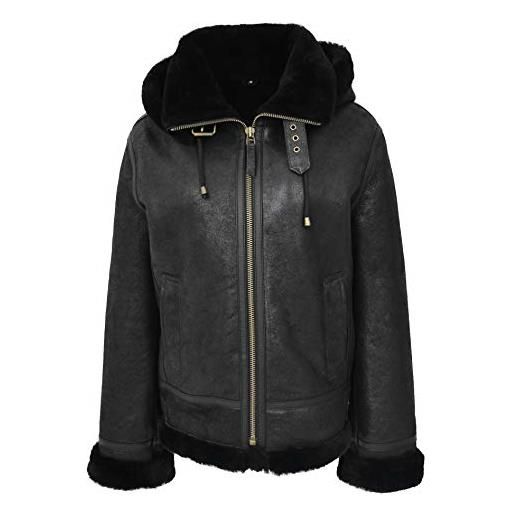 House Of Leather donna la pelle di pecora originale b3 giacca staccabile felpa con cappuccio pilota aviatore naomi nero (small)