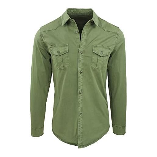 Evoga camicia uomo verde militare in cotone maniche lunghe vintage denim con tasconi (l, verde)