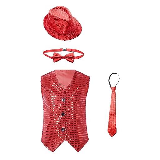 Freebily gilet con paillettes bambini ragazzi costume da danza moderna jazz hip hop pagliaccio veste giacca con cappello + papillon + cravatta abiti per teatro performance rosso a 15-16 anni