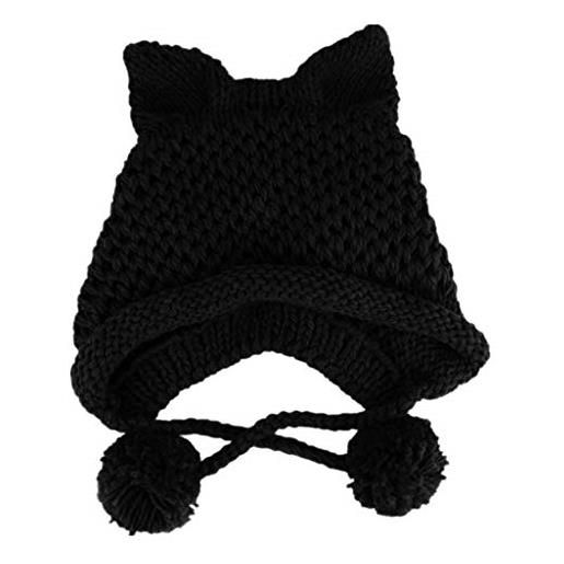 Kalttoy cappello invernale da donna lavorato a maglia grossa, carino 3d per orecchie di gatto, tinta unita, fatto a mano, all'uncinetto, antivento, caldo, con pompon, nero , etichettalia unica