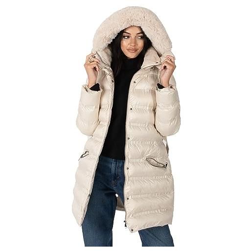 Lovedrobe women's winter jacket ladies coat quilted puffa padded belted pockets with faux fur trim puffer outerwear cappotto, stone, 50 donna