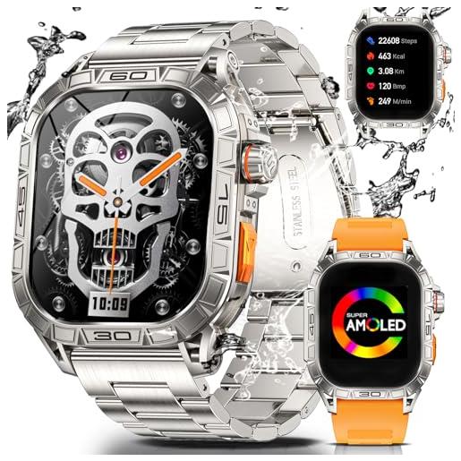 ESFOE orologio smartwatch uomo, 1.96'' amoled militari smart watch impermeabile ip68, orologio fitness con contapassi, cardiofrequenzimetro da polso, 100+ modalità sportive orologio sportivo android ios