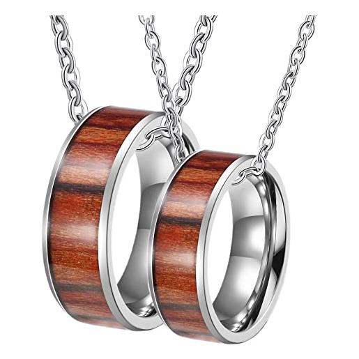 Homxi collana per anelli, anelli di coppia acciaio inossidabile collana coppia con incisione 8mm argento marrone anello con grano di legno collana donna 50 cm collana uomo 60 cm