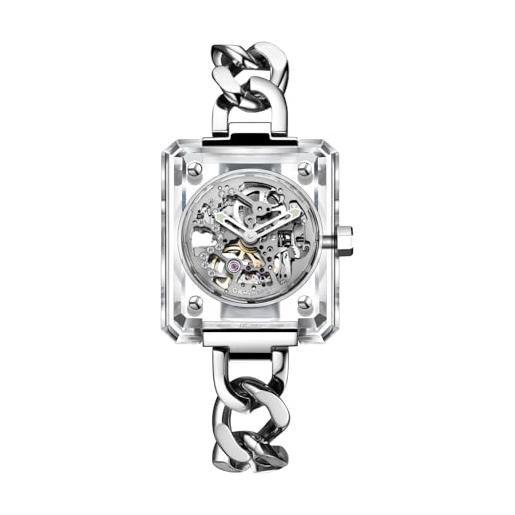 CIGA Design orologio automatico da donna, serie r crystal love, cassa in cristallo k9 trasparente di lusso, regalo squisito per donne, trasparente e argento, art deco, trasparente e argento, art deco