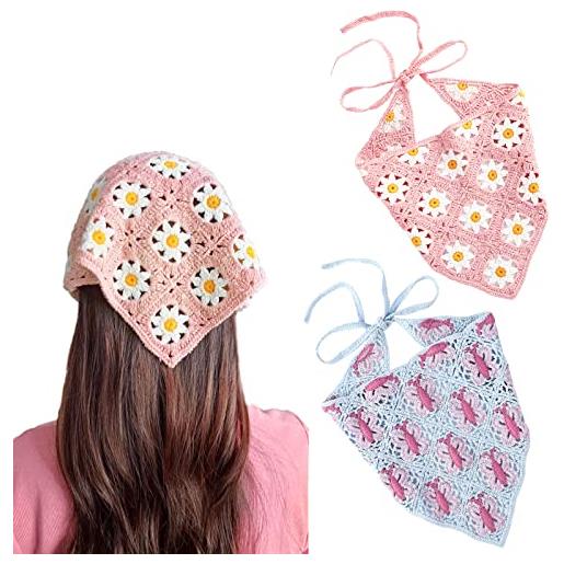 Kunyeah 2 pezzi di bandana per capelli all'uncinetto, motivo floreale, stile boho, per capelli vintage, con triangolo, accessori per capelli fatti a mano, per ragazze e donne, colore: rosa