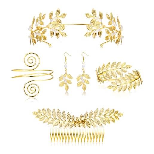 CASSIECA 5 pezzi dea greca costume accessori set per donna dorato romano foglia alloro corona fasce capelli braccialetto bobina perla orecchini pendenti sposa copricapo festa gioielli