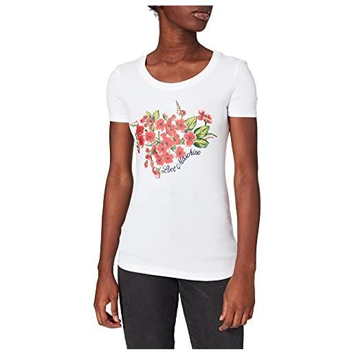 Love Moschino maglietta a maniche corte in jersey di cotone elasticizzato. Con stampa floreale personalizzata e logo t-shirt, bianco, 46 donna