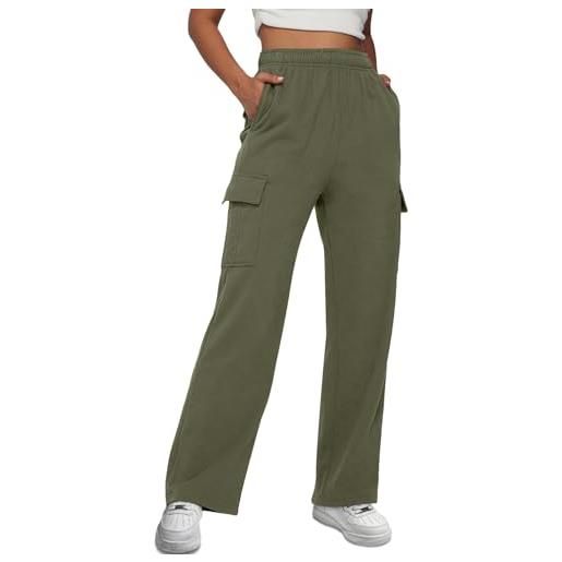 Trendy Queen pantaloni sportivi cargo da donna, a gamba larga, in pile, a vita alta, pantaloni sportivi con tasche, verde militare, m