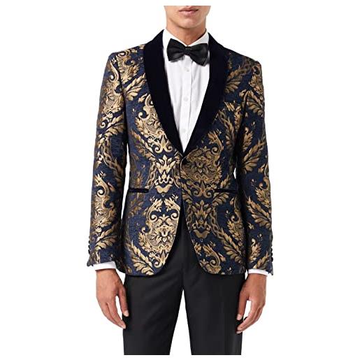 Xposed blazer jacquard da uomo in broccato dorato su giacca da smoking su misura in velluto floccato blu scuro [blz-311-blue-velvet-50]