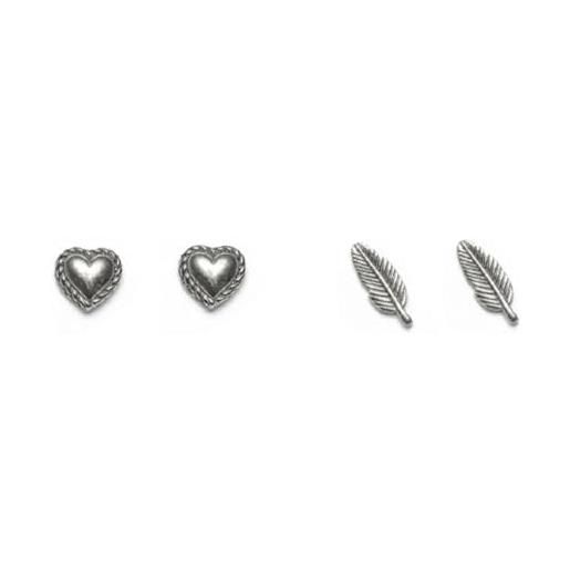 Vestopazzo set di 2 paia di orecchini a lobo a forma di cuore e di piuma, placcato in argento, lavorazione artigianale, nickel tested, lo80290