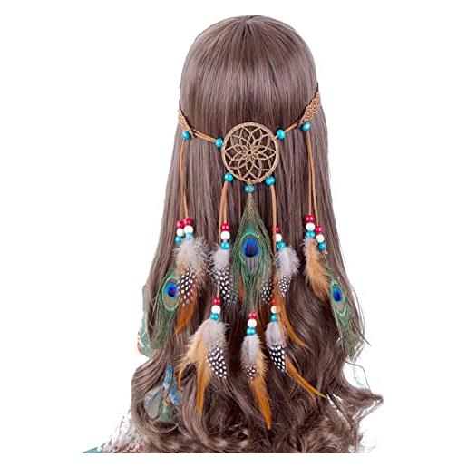 Runrayay fasce di piume bohémien, cerchietto hippy, copricapo indiano di piume, nappe e corde di canapa, accessori per capelli da festival per donne e bambine. 