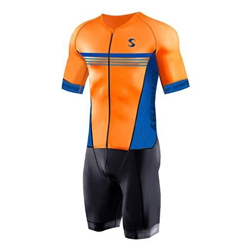 Synergy cycling skinsuit - men's pro short sleeve skinsuit (neon tangerine/sky, medium)