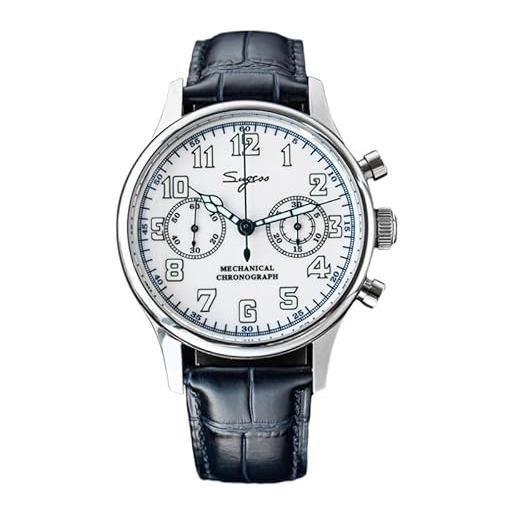 Seestern sugess cronografo pilot meccanico acciaio pelle blu bianco vintage orologio uomo
