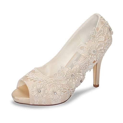 Emily Bridal scarpe da sposa con tacco alto in pizzo con punta aperta (eu35, bianco)