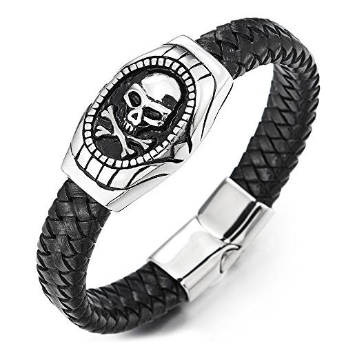 COOLSTEELANDBEYOND gotico, acciaio braccialetto pirata cranio teschio id identificazione bracciale da uomo, nero pelle intrecciata, biker