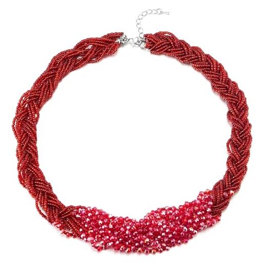 COOLSTEELANDBEYOND brillante rosso cristallo intrecciato perline catena statement collana multi strati grande girocollo choker collana