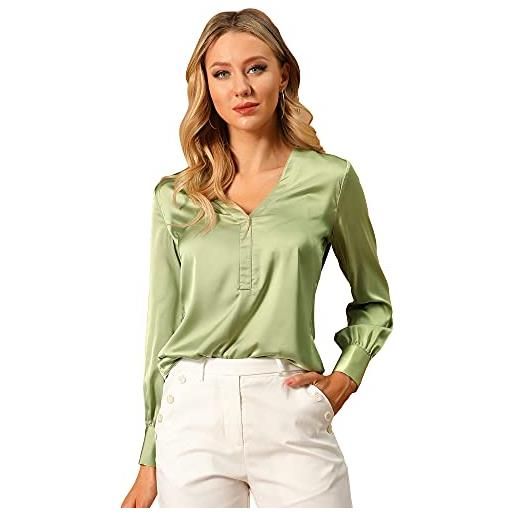 Allegra K camicia da lavoro vintage a maniche lunghe in raso elegante da donna, verde, 40