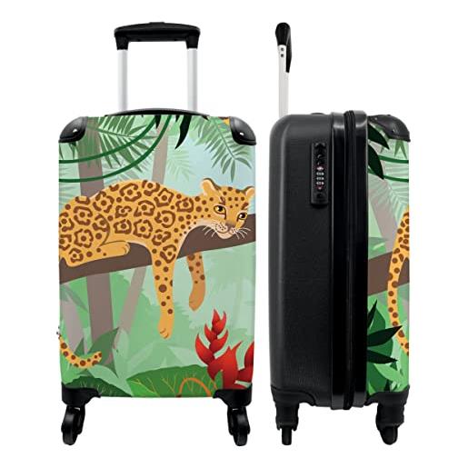 NoBoringSuitcases.com® valigia bagaglio a mano trolley case valigia piccola con 4 ruote - animali della giungla - tucano - ragazzi - ragazze - leopardo - bagaglio a bordo