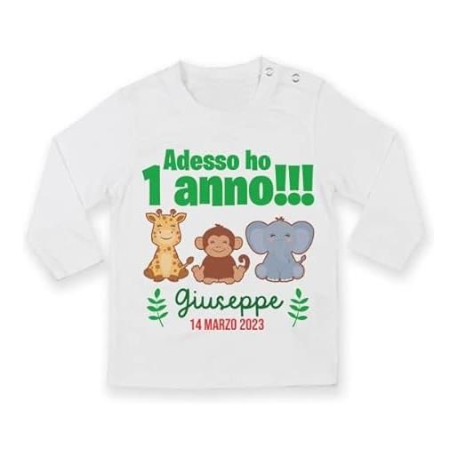 Gattablu t-shirt maglietta bimbo manica lunga primo compleanno!Adesso ho 1 anno!Giungla safari!Personalizzata con nome e data!