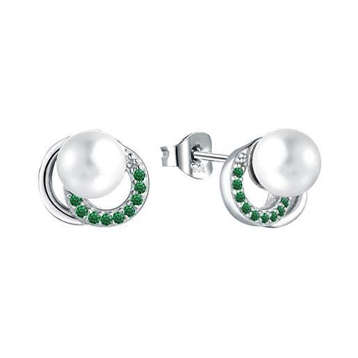 JO WISDOM orecchini perle argento 925 donna con 7mm perla d'acqua dolce semicircolare aaa zirconia cubica può birthstone colore smeraldo