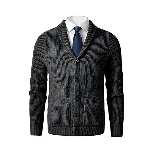 ZHILI maglione cardigan collo scialle uomo maglione slim fit cavo maglia pulsante up maglione in lana merino, grigio scuro, 2xl