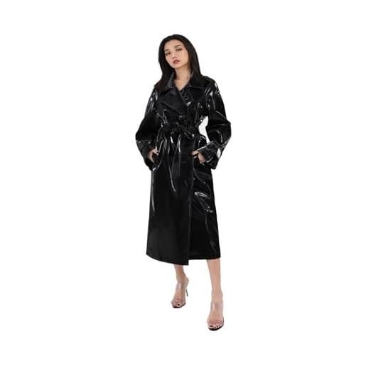 CIRONI cappotto da donna vintage elegante con cintura cappotto lungo trench in pelle verniciata riflettente lucida for donna (color: black, size: m)