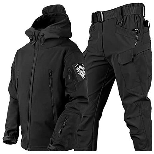 RVUEM giacca tattica, giacche da caccia softshell, uniforme mimetica impermeabile dell'esercito, tuta mimetica militare, giacca e pantaloni tattici da uomo, impermeabile, leggero, nero, 3xl