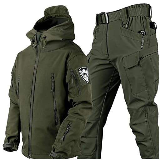 RVUEM giacca tattica, giacche da caccia softshell, uniforme mimetica impermeabile dell'esercito, tuta mimetica militare, giacca e pantaloni tattici da uomo, impermeabile, leggero, verde, xxl