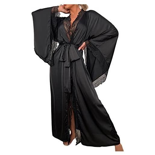 BebeXi vestaglia da donna in pizzo raso, kimono feather trim polsini, accappatoio lungo con cravatta, accappatoio corto da donna, nero , m