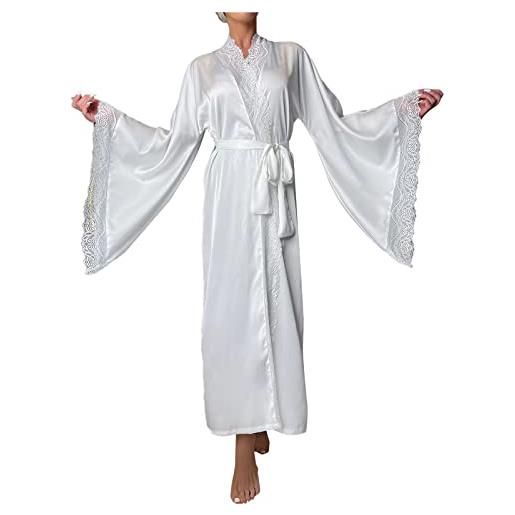 BebeXi vestaglia da donna in pizzo raso, kimono feather trim polsini, accappatoio lungo con cravatta, accappatoio corto da donna, bianco, s