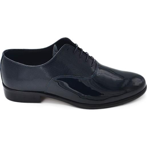 Malu Shoes scarpe uomo classica stringata con fondo cuoio e antiscivolo vera pelle lucida blu con monogramma cerimonia