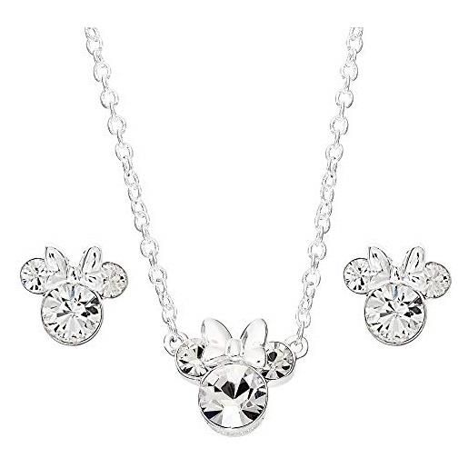 Disney minnie mouse crystal necklace and stud earrings and set, mickey's 90th birthday anniversary;Silver plated jewelry for women