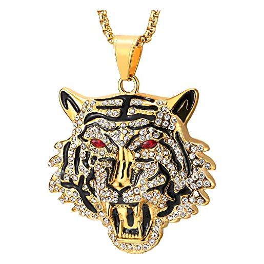 COOLSTEELANDBEYOND colore oro rosso occhi tigre testa pendente collana con zirconi e smalto nero da uomo donna, ciondolo acciaio