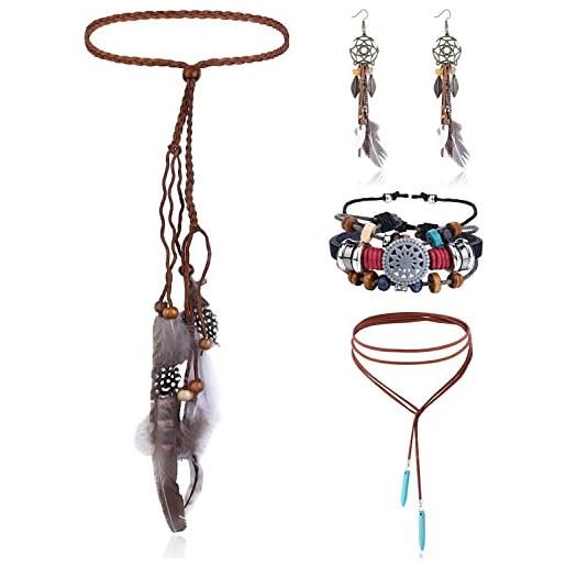LOLIAS 4 pezzi copricapo boho indiano set collana pelle orecchini piume per donna braccialetto fatto mano vintage hippie tribale festa tema carnevale gioielli
