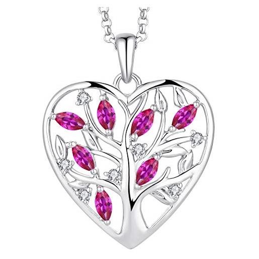 JO WISDOM collana albero della vita cuore argento 925 5a zirconia cubica luglio birthstone colore rubino donna, ciondolo con catena