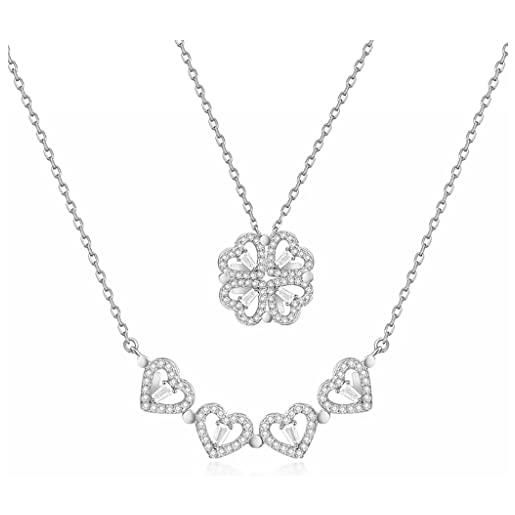 FPEAOB collana a forma di quadrifoglio, da donna, in argento 925, con zirconi, con quadrifoglio, ciondolo a forma di cuore, portafortuna, da donna, in argento, zirconia cubica, zirconia cubica