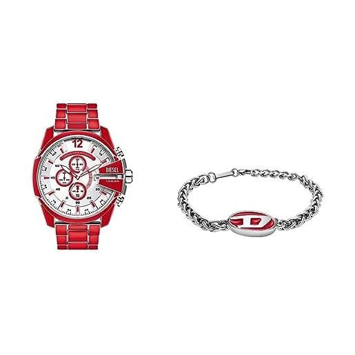 Diesel mega chief orologio da uomo e bracciale in acciaio - movimento cronografo, smalto rosso e acciaio inossidabile