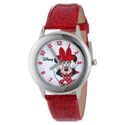 Disney kids' w000914 tween minnie glitz stainless steel red glitter pelle strap orologio