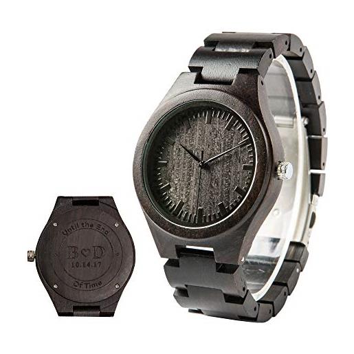 LMWOOD orologio in legno inciso personalizzato per gli uomini analogico al quarzo fatto a mano orologio personalizzato in legno, ebano02, bracciale